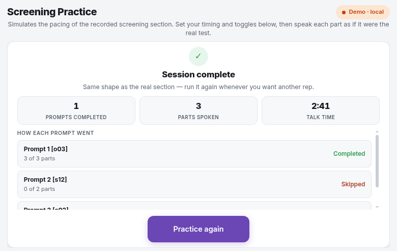 Session complete screen with a per-prompt results log and talk-time statistics