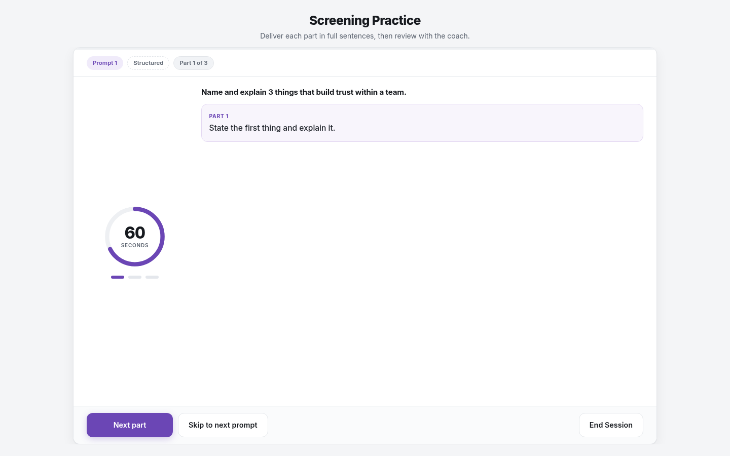 Timed practice screen with a teamwork prompt, per-part countdown, and next-part and skip controls