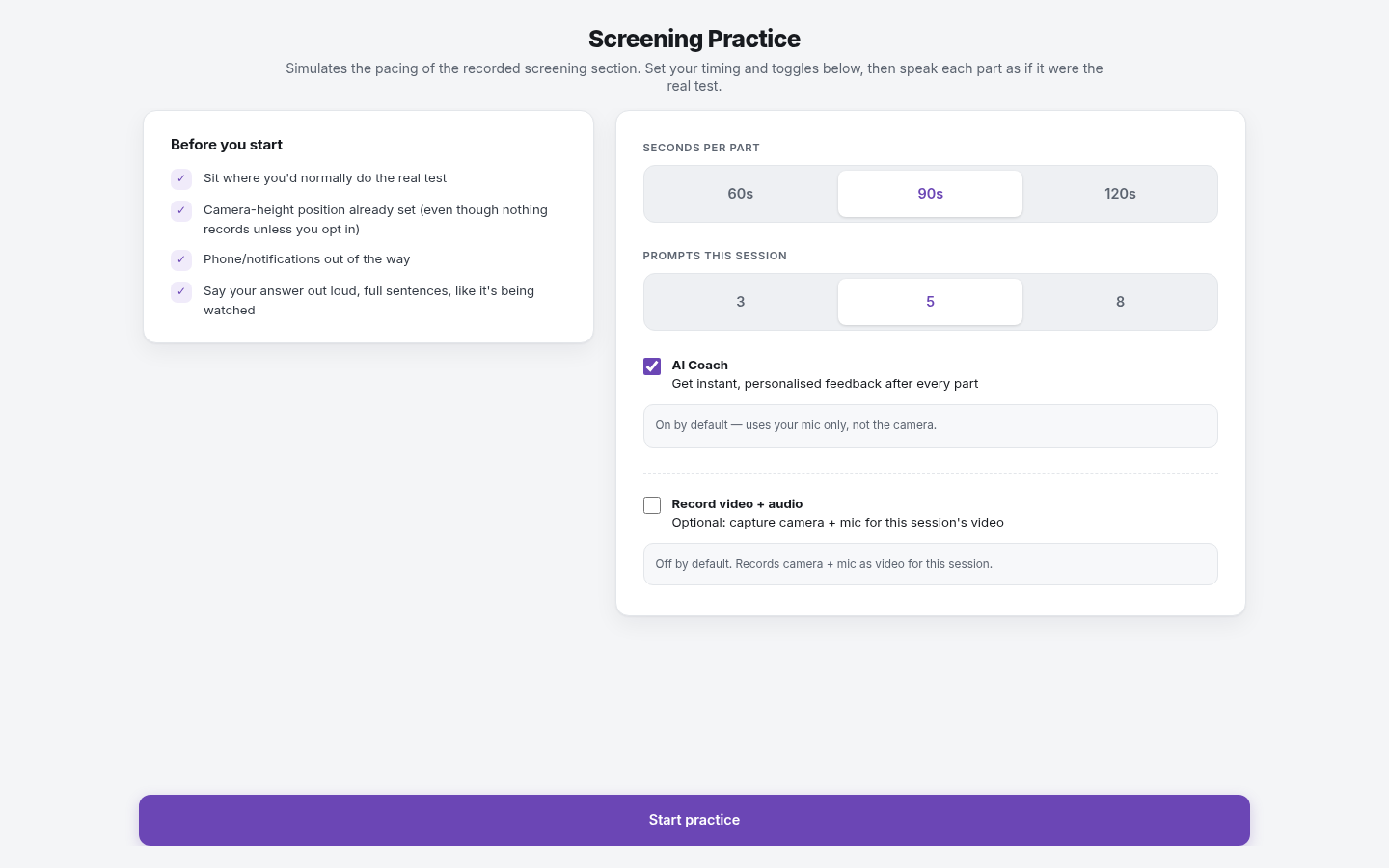 Session setup screen with seconds-per-part, prompt count, AI Coach and recording toggles