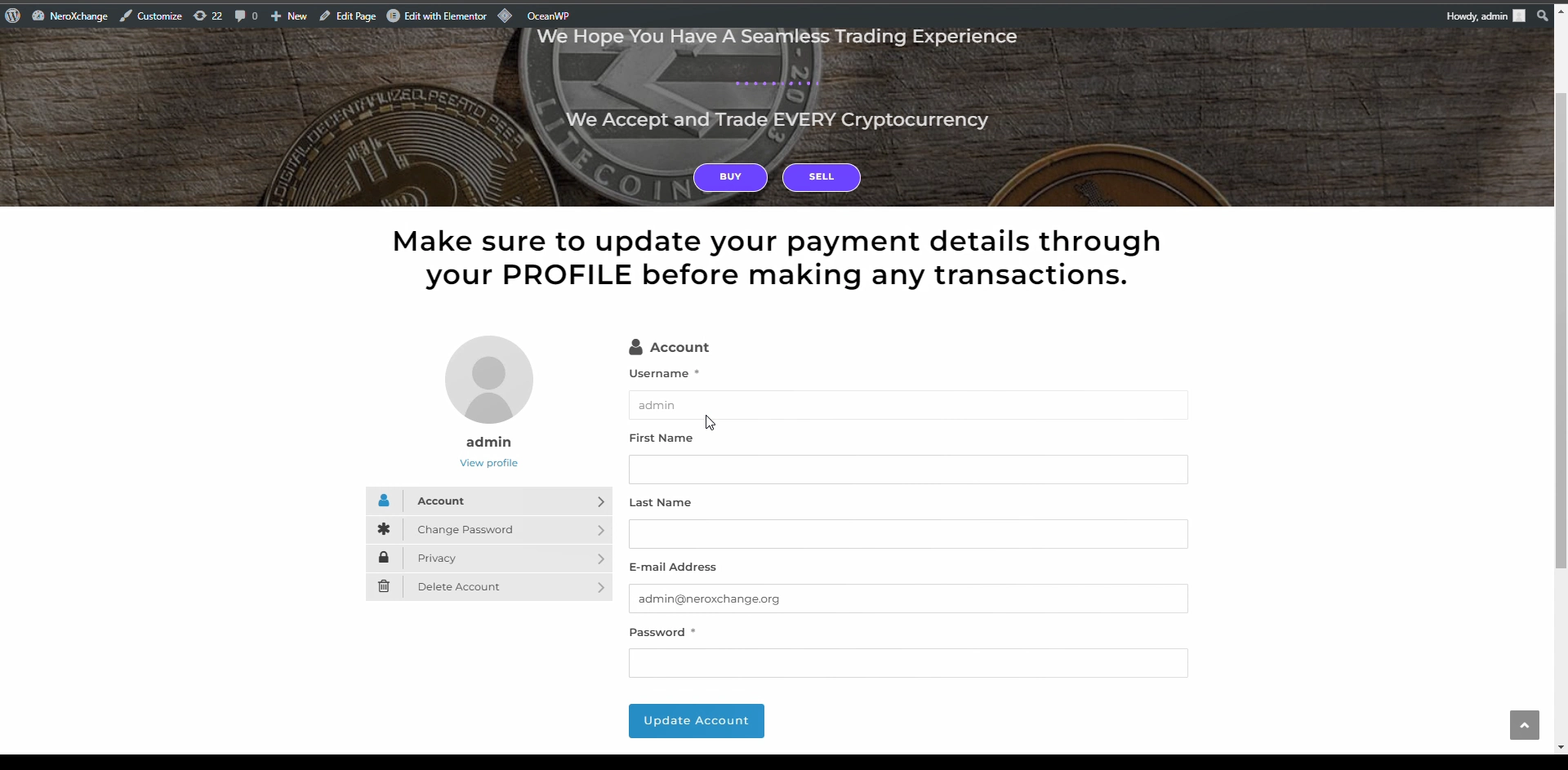 User account dashboard